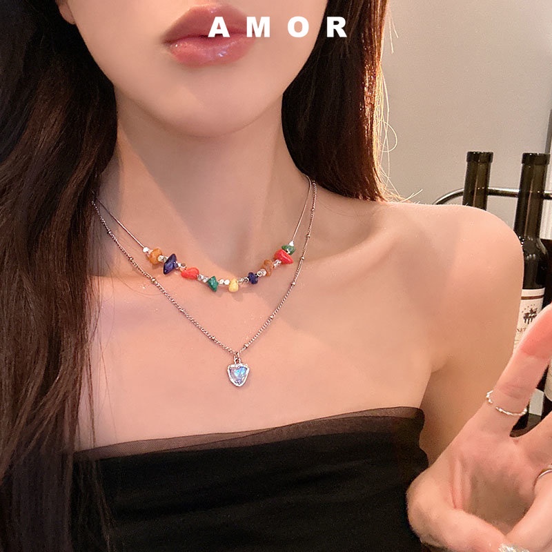 Gaya Korea, Manik-Manik Pelangi Berbentuk Hati Liontin set Kalung, Perempuan Baru Manis Keren double layer Rantai Tulang Selangka