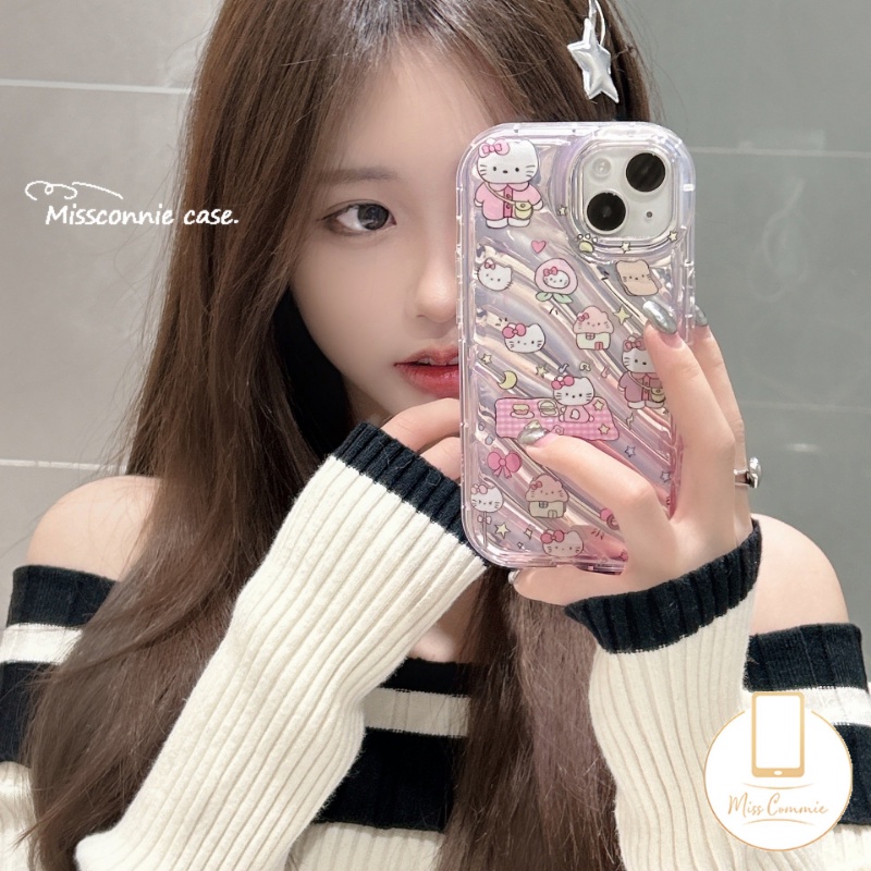 Doodle Kartun Lucu Hello Kitty Kartu Laser Casing Bening Kompatibel Untuk IPhone XR 11 12 13 14 Pro MAX 78 Plus 6 6S 7 8 Plus X XS MAX SE 2020 Sarung Pola Kerut Stereo 3D