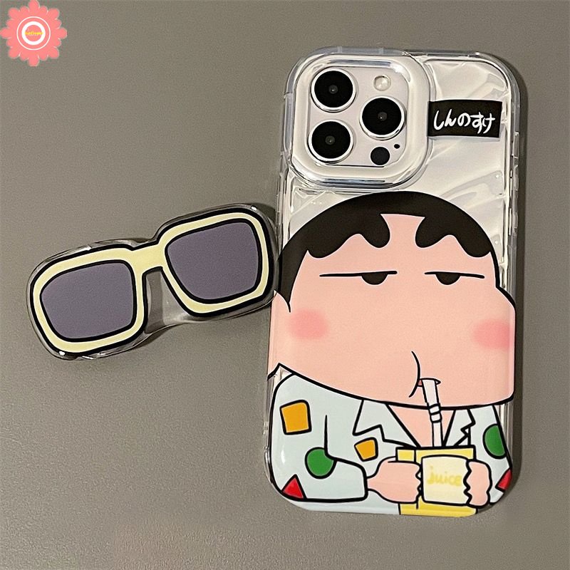 IPHONE Kacamata Hitam Keren Crayon Shin-Chan Casing Kartu Laser Mewah Kompatibel Untuk Iphone11 13 14 12 Pro MAX 7Plus XR 8 6 6S Plus X XS MAX SE 2020 Dazzle Color 3D Stereo Corrugation Soft Case