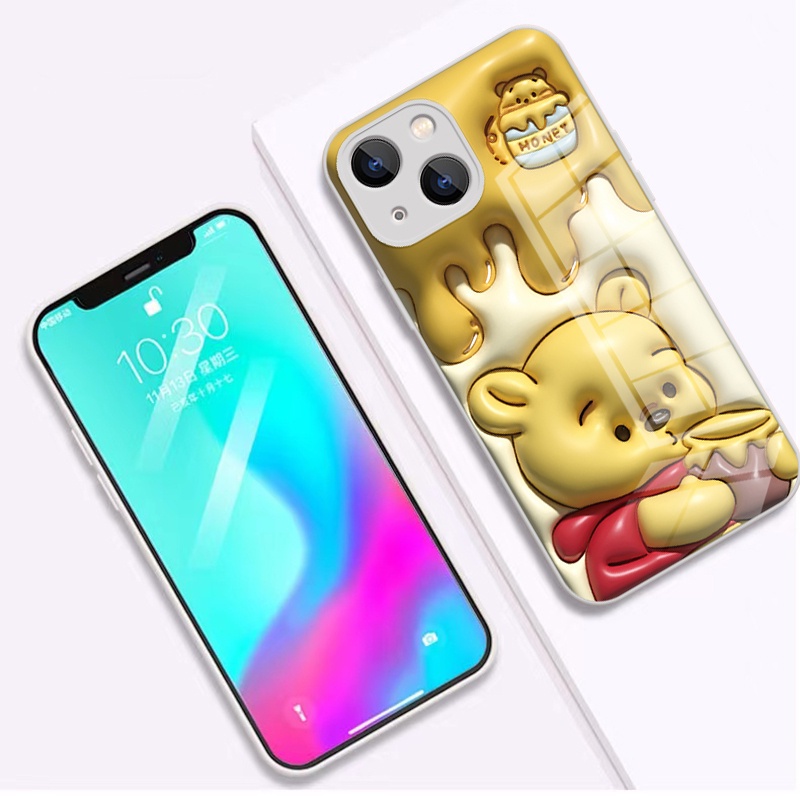 IPHONE Casing Keras Kaca Beruang Strawberry Kartun Datar 3D Cocok Untuk Iphone14 13 12 11 Pro Max Cat Metalik Anime Winnie Bear Print Pelindung Case