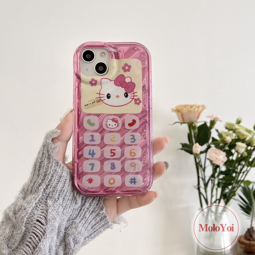 Casing Tombol Ponsel Digital Kartun Hello Kitty Vintage Kompatibel Untuk IPhone XR XS X Max 7Plus 7 6 8 6S Plus 11 13 14 12 Pro Max SE 2020 Kartu Laser Korgasi Stereo 3D Soft Cover