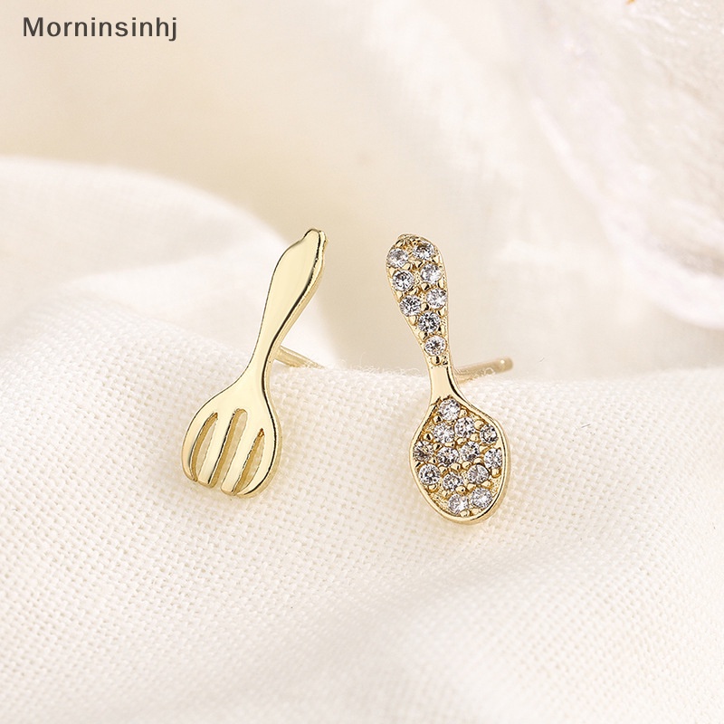 Mornin Anting Stud Sendok Garpu Kristal Mini Untuk Wanita Anting Kepribadian Sederhana id