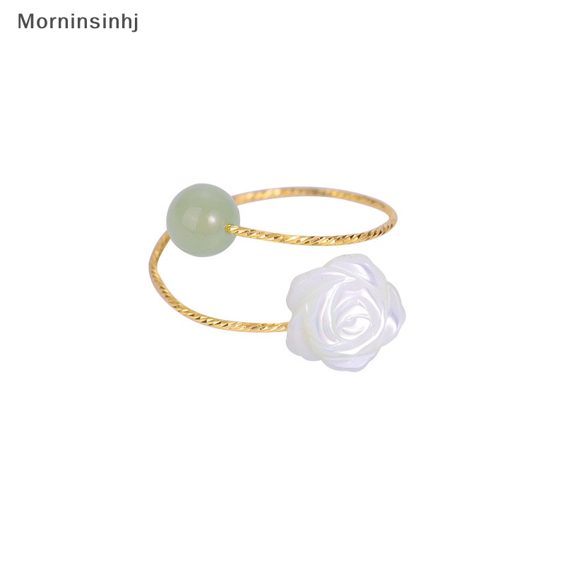 Mornin Vintage Fashion Hotan Jade White Rose Flower Open Rings Untuk Wanita Cincin Yang Dapat Disesuaikan Pesta Pernikahan Perhiasan Hadiah id