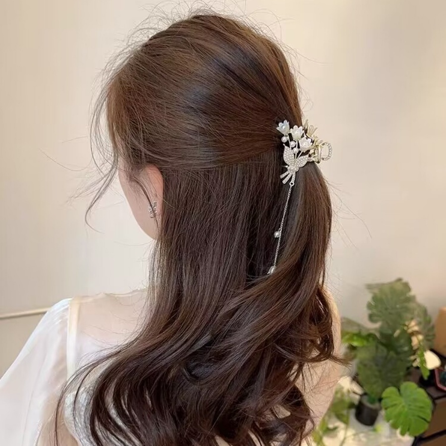 Korea Alloy Mutiara Berlian Imitasi Rambut Klip Bunga Kristal Rumbai Jepit Rambut Kecil Hair Claw Woman Aksesoris Rambut