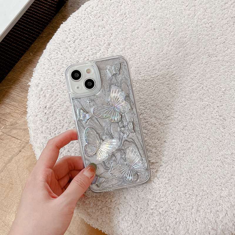 Silver Grey Pigment Butterfly Soft TPU Case HP iP iPhone 14 13 12 11 Pro X XS XR Max 7 8 + Plus SE 2020 2022 Drop Glue FTD Casing Apple