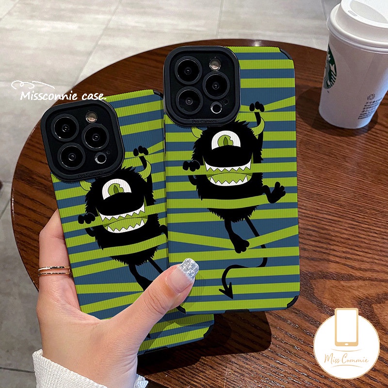 IPHONE Case Shockproof Monster Kecil Lucu Gaya Korea Kompatibel Untuk Iphone12 11 13 14 Pro MAX XR 7 8 Plus X XS MAX 7Plus Lovely Monster University Leather Texture Cover