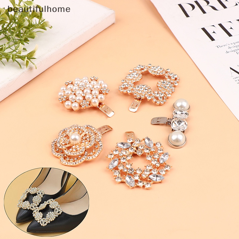 {beautifulhome} 1pasang Lady Removable Rhinestone Pearl Shoe Buckle DIY Shoes Decor Aksesoris.