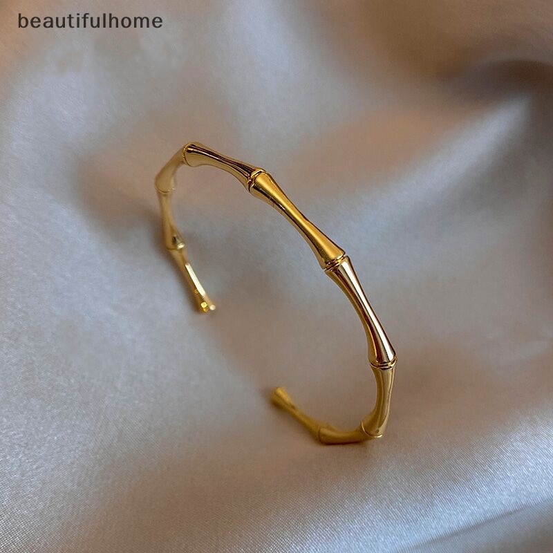 {beautifulhome} Vintage Bambu Bentuk Gelang Bangles Gelang Emas Yang Dapat Disesuaikan Trendi Perhiasan Fashion Wanita Perhiasan Retro Gadis Gelang Yang Tidak Biasa.