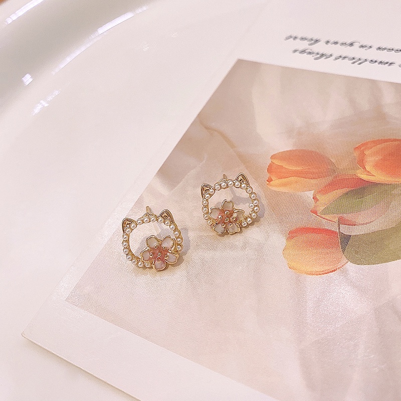 Pink Cherry Blossom Kucing Lucu Manis Fashion Bunga Mutiara Kecil Indah Anting-Anting