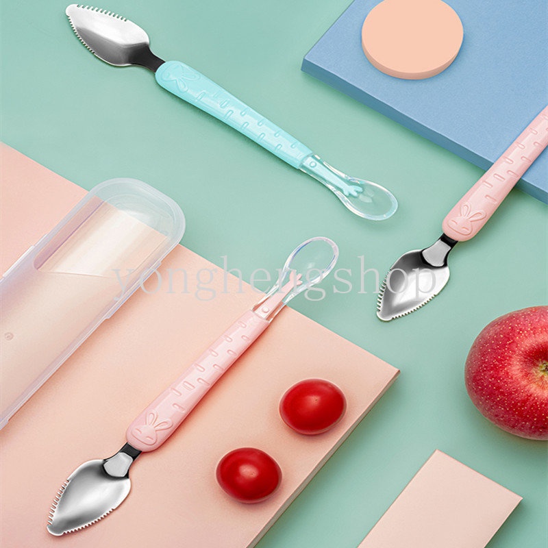 Double-head Fruit Mud Scraper Stainless Steel Fruit Scraping Spoons Silikon Lembut Sendok Suplemen Makanan Sendok Makan Bayi Balita Sendok Garpu