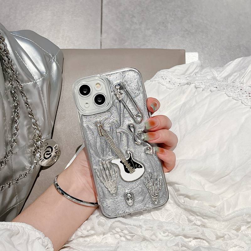 Silver Grey Pigment Metal Guitar Soft TPU Case HP iP iPhone 14 13 12 11 Pro X XS XR Max 7 8 + Plus SE 2020 2022 Drop Glue FTD Casing Apple