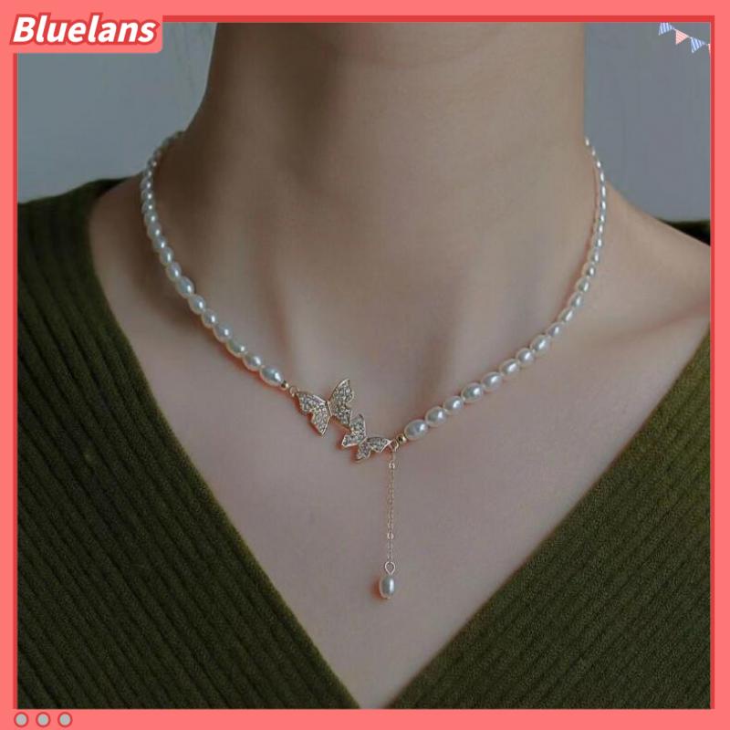[BLS] Fashion Mutiara Kalung Cahaya Mewah Berlian Minor Kupu-Kupu Pendek Choker Klavikula Rantai