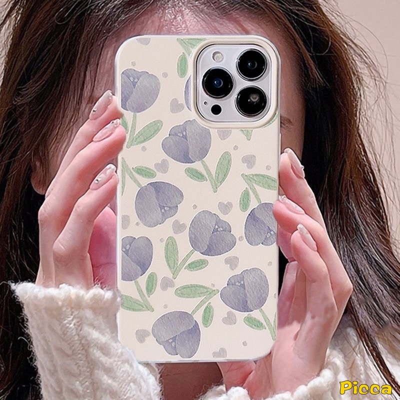 IPHONE Ins Musim Panas Lukisan Minyak Tulip Ponsel Case Kompatibel Untuk Iphone11Xr 7plus7 8 Plus X XS Max 12 11 14 13 Pro Max SE 2020 Tiga Bunga Segar Halus Shockproof Lembut Tpu Penutup Belakang