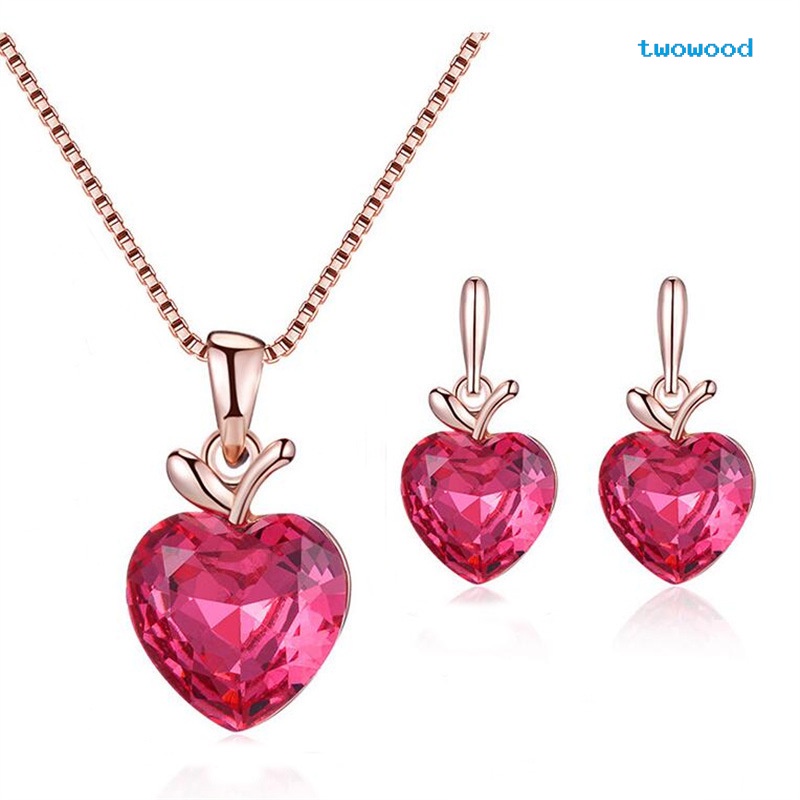 Twowood Set Perhiasan Pengantin Peach Heart Apple Heart Pendant Kalung Anting Dua Potong Set