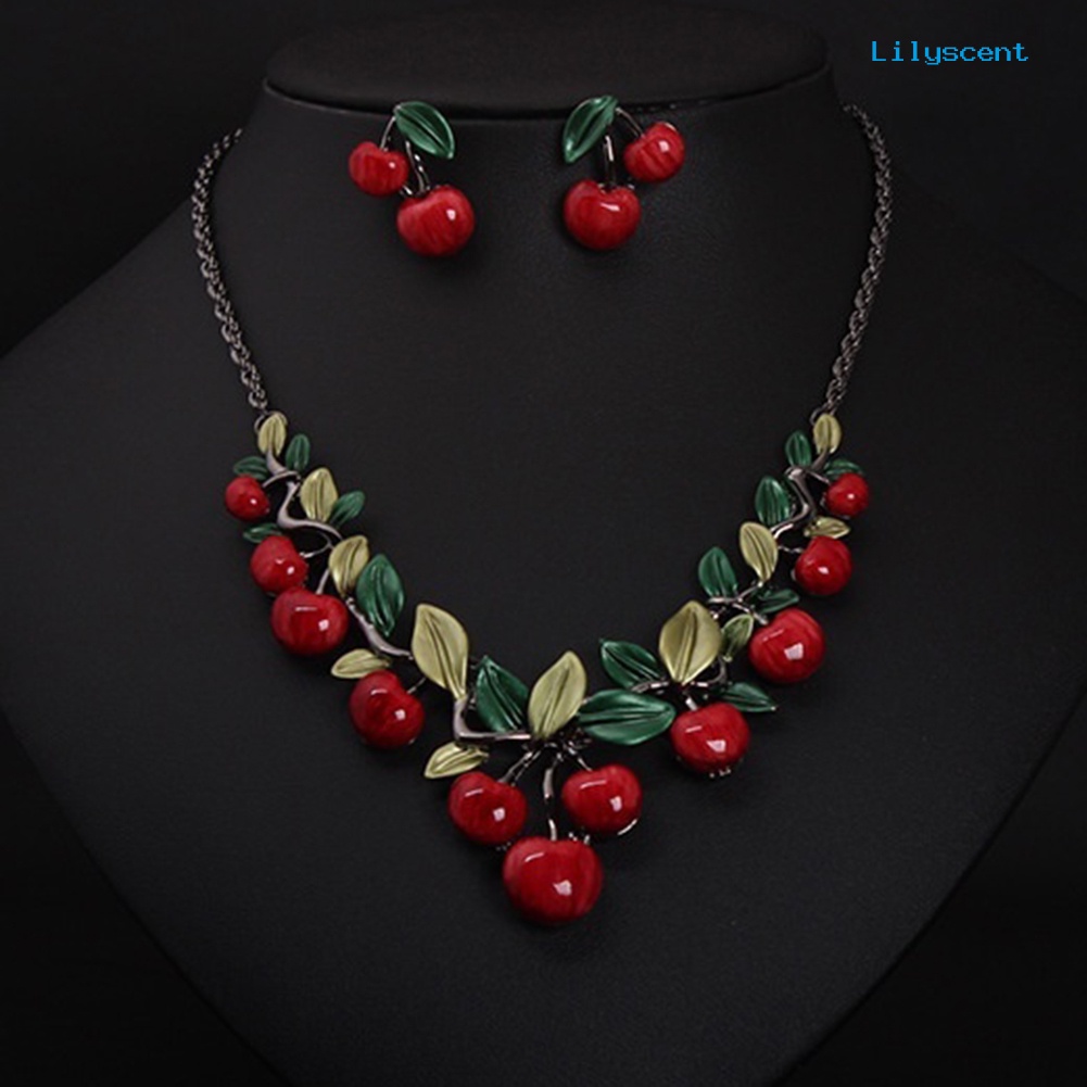 [LS]1 Set Perhiasan Buah Cherry Merah Vintage Set Chic Bridal Kalung Anting