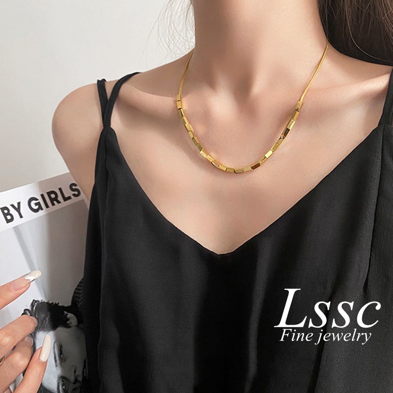 Kalung Titanium Anti Karat Nugget Emas 18K Keberuntungan Cantik Korea Aksesoris Wanita Perhiasan