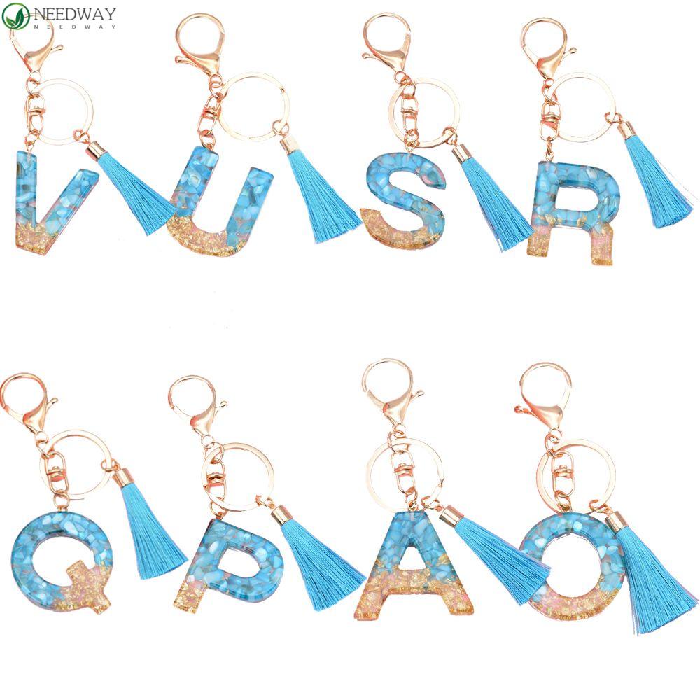 NEEDWAY 26huruf Gantungan Kunci Resin Fashion Biru Rumbai Liontin Ornamen Perhiasan Kristal Alfabet Key Chain