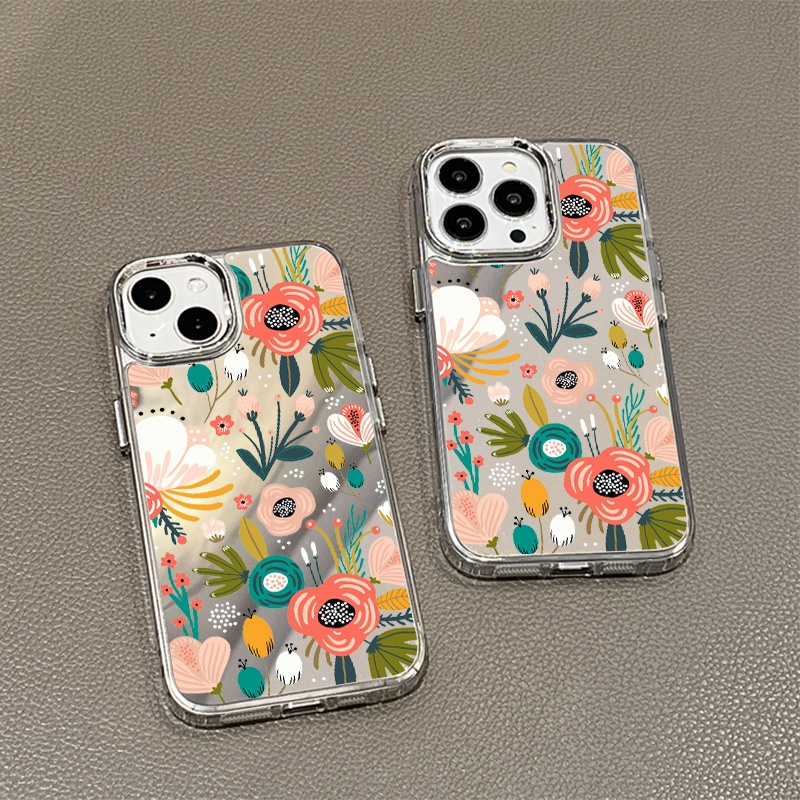 IPHONE Lukisan Bunga Cermin Ponsel Case Kompatibel Untuk Iphone11 12 13 14 12Pro 13Pro 14Pro Pro Max XR X XS Max Electroplating Tombol Perlindungan Mirror Cover