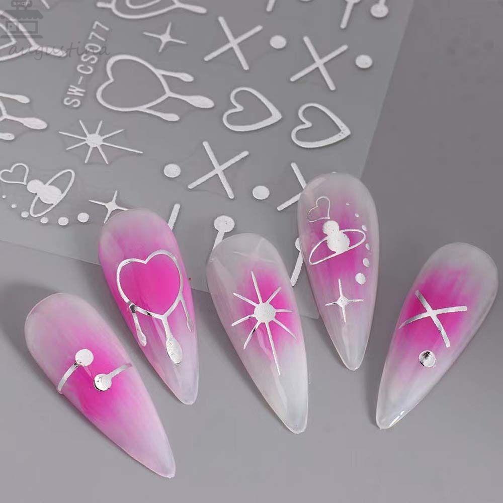 AUGUSTINA Agustina Stiker Kuku Hati Fashion Warna Perak Daun Cinta Hati Manikur Aksesoris Nail Art Dekorasi