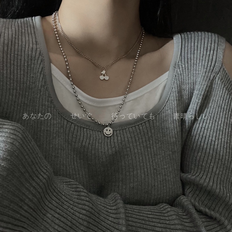 Kalung Smiley Face Cherry Lucu Perempuan Bahan Titanium Steel Tidak Luntur Temperamen Korea Gaya Keren Sederhana Leher Rantai Klavikula