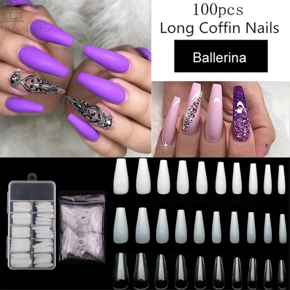 AUGUSTINA Alat Nail Art Agustina Putih Bening Natural Manicure Long Ballerina Peti Mati Kuku Palsu Akrilik