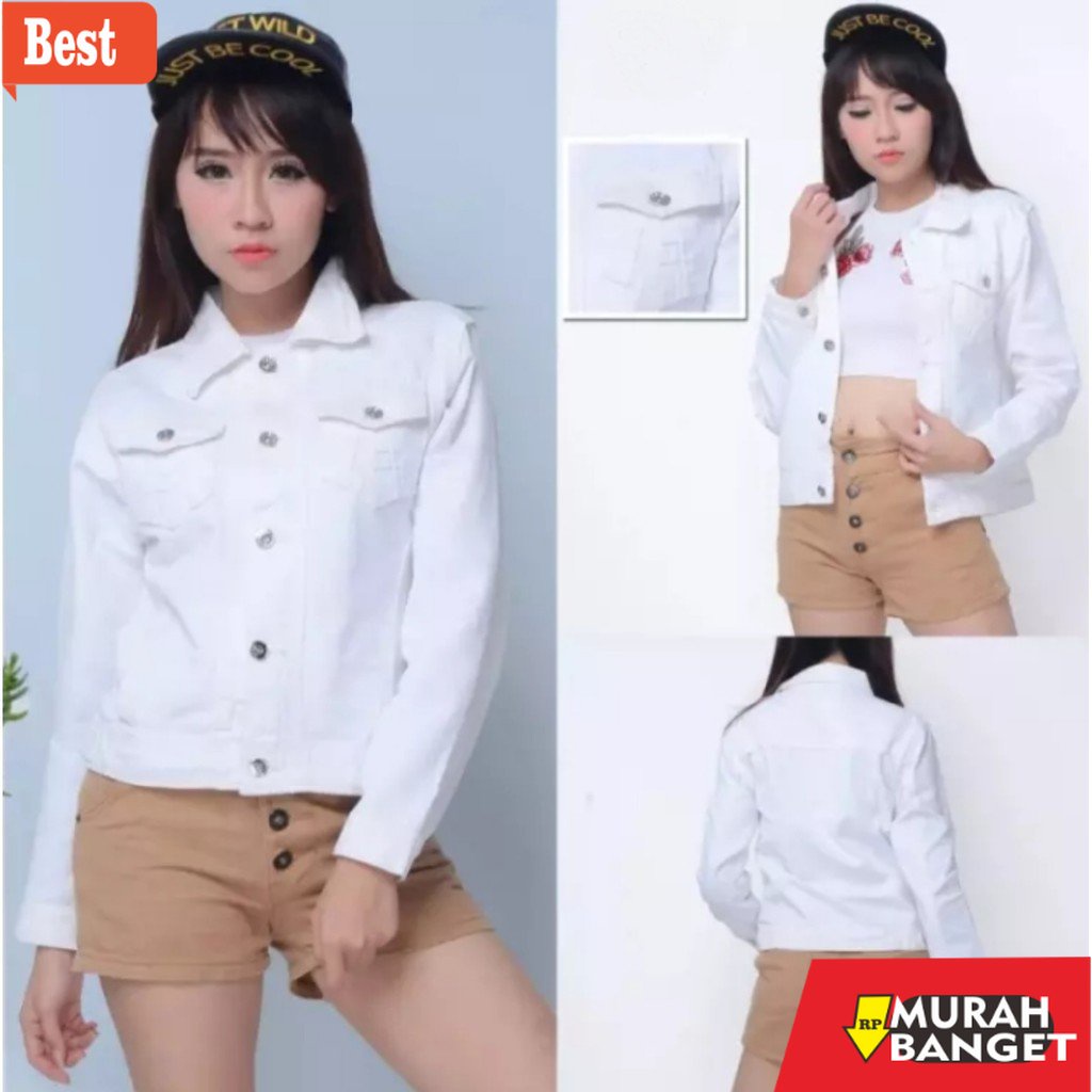 Jaket denim wanita terbaru- Jaket Jeans Slimfit Wanita / Jaket Jeans Denim Cewe - Putih Croop