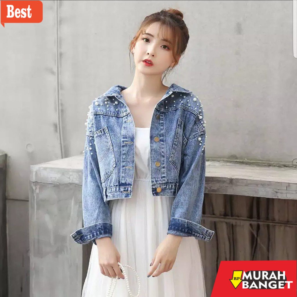 Jaket denim wanita terbaru- 912 - JAKET JEANS CROP KOMBINASI MUTIARA TEMBAK OVERSIZE CROP