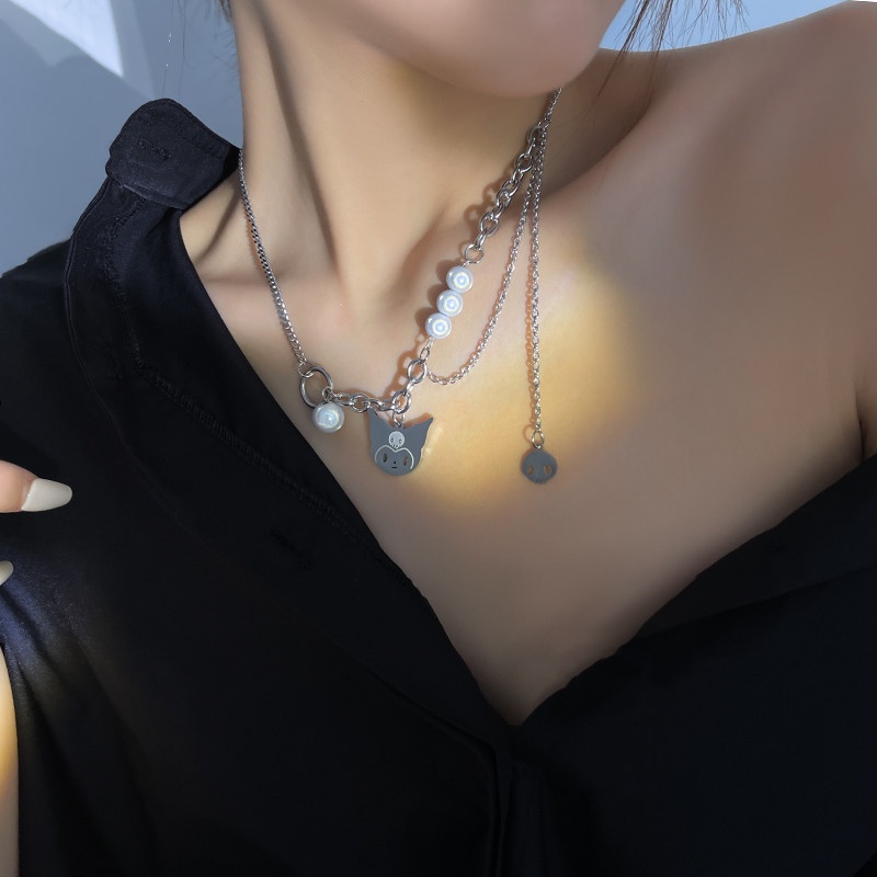 Kuromi Kalung Mutiara Reflektif Multi-Layer Gaya Baru Trendi Perempuan Desain Unik Merasa Utuh