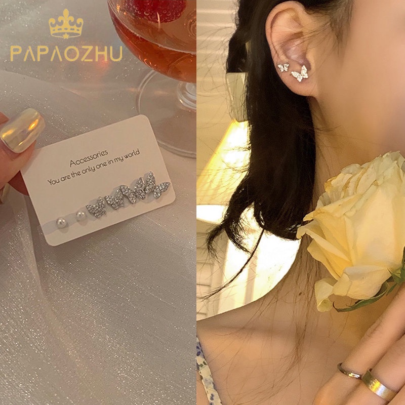 Papaozhu 6 Pcs Korea s925 Perak Bersinar Kristal Kupu-Kupu Mutiara Stud Anting Set Untuk Wanita Perempuan Pertunangan Pesta Pernikahan Elegan Telinga Set Perhiasan