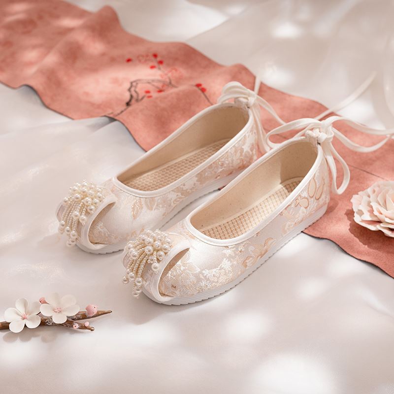Sepatu Hanfu, perempuan Ming membuat sepatu kuno yang asli, sepatu gaya mutiara antik
