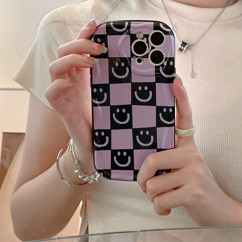 Cream Casing Purple Lattice Smile Soft Case HP iP iPhone 6 6S 7 8 14 + Plus SE 2020 2022 X XS XR 11 12 13 Pro Max Girl Woman