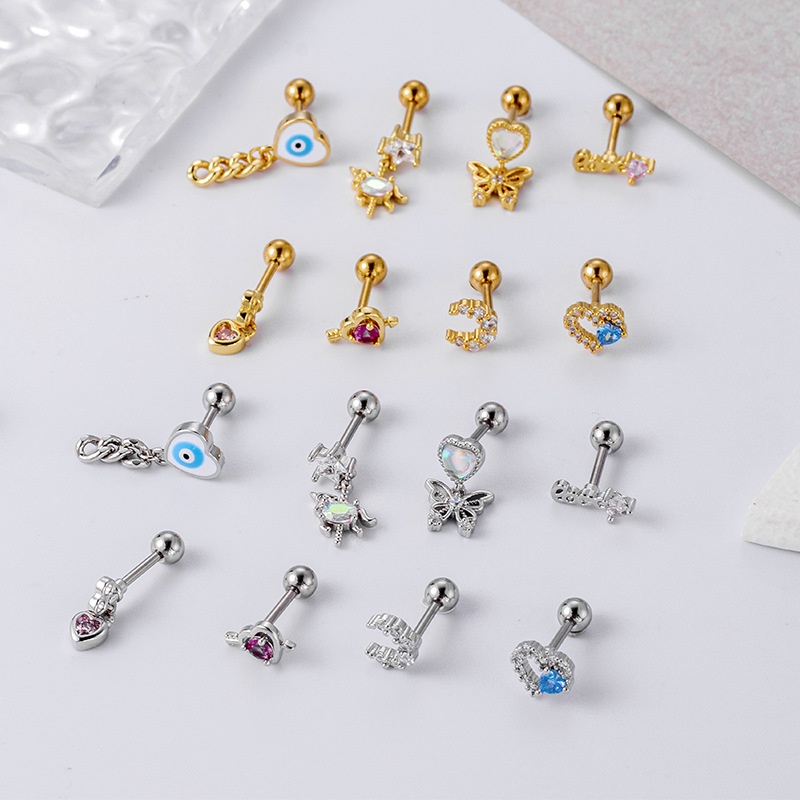 1biji Bulan Cinta Kupu-Kupu Liontin Zirkon Tulang Telinga Sekrup Batang Tebal Tulang Rawan Helix Tragus Stainless Steel Stud Earrings