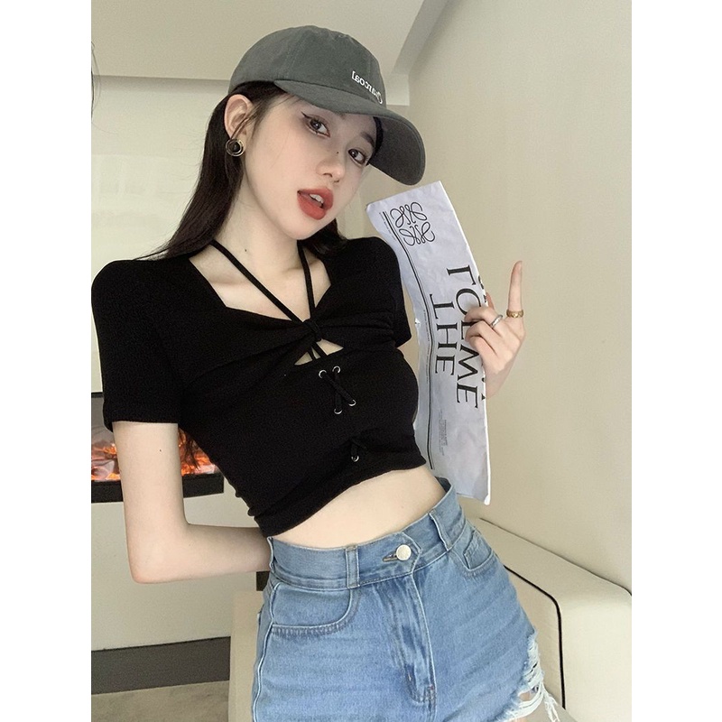 Korean Baju Atasan Wanita Serut Leher Halter Casual Crop Top