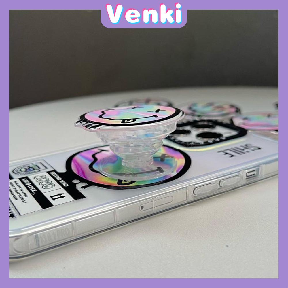 VENKI - Casing Ponsel Griptok Pegangan Akrilik Braket Lipat Kantong Udara Transparan Kompatibel dengan Casing Ponsel iPhone Sederhana Keren Berubah Kreatif Smiley Beruang Lucu