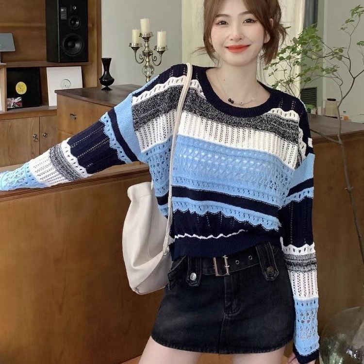 Premium Sweater Wanita Korea Cutout Lengan Panjang Stripe Casaul Atasan