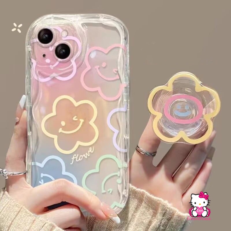 For Redmi Note 11 10 10s 11s 12 10 Pro Max 8 9 Redmi A1 A2 10C 9 9A 9C NFC 9T 10 10A POCO M3 Cartoon Smiley Fresh Flowers Colorful 3D Wavy Curved Edge Graffiti Holder Bracket Case