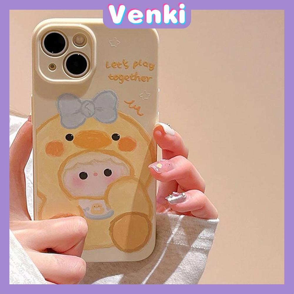 VENKI - Untuk iPhone 11 Case Film TPU Case Cream Glossy Perlindungan Kamera Lucu Grafiti Kuning Bebek Kompatibel dengan iPhone 14 13 Pro Max iPhone 12 Pro Max XR XS 7Plus 8Plus