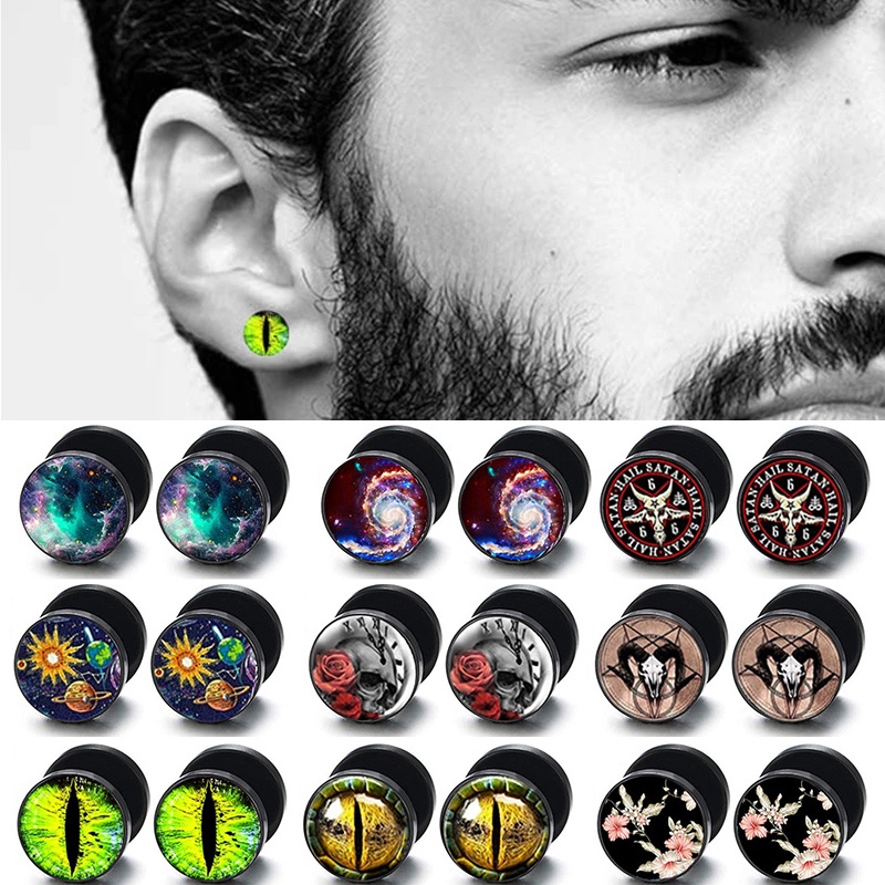 New1pasang Baja Ular Mata Stud Anting Untuk Pria Wanita Bunga Matahari Tengkorak Barbel Tindik Punk Fashion Earrings Jewelry