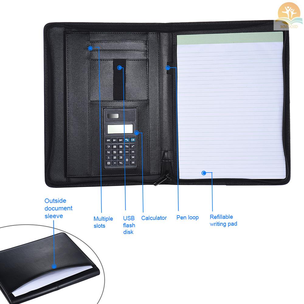 In Stock Multifungsi Profesional Bisnis Portfolio Padfolio Folder Dokumen Case Organizer A4 Kulit PU Penutup Ritsleting Dengan Kalkulator Card Holder Memo Note Tulisan Pad