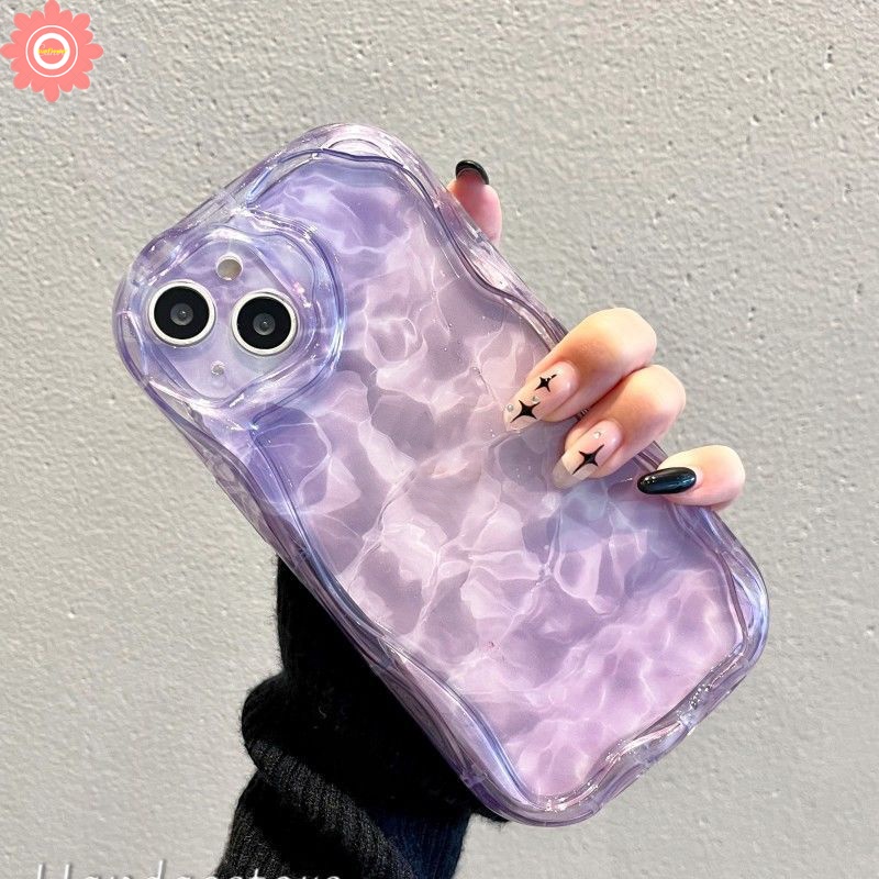 Case Kompatibel Untuk iPhone 7Plus 11 13 14 12 Pro Max XR X8 6 7 6s Plus XS Max Se2020 3D Wavy Curved Edge Art Water Ripple Gradient Purple Pink Case Dengan Stiker Berlian