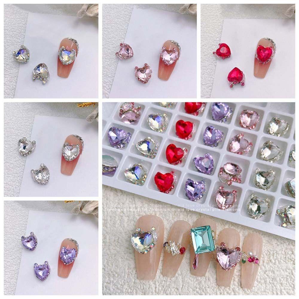 MXBEAUTY 2pcs/set Cinta Hati Kuku Berlian Imitasi, Berlian Hati Berbentuk Cinta Hati Dekorasi Kuku, Mewah DIY Perlengkapan Kuku Cinta Hati Kuku Kristal Pesona Cinta Hati Nail Art Drills