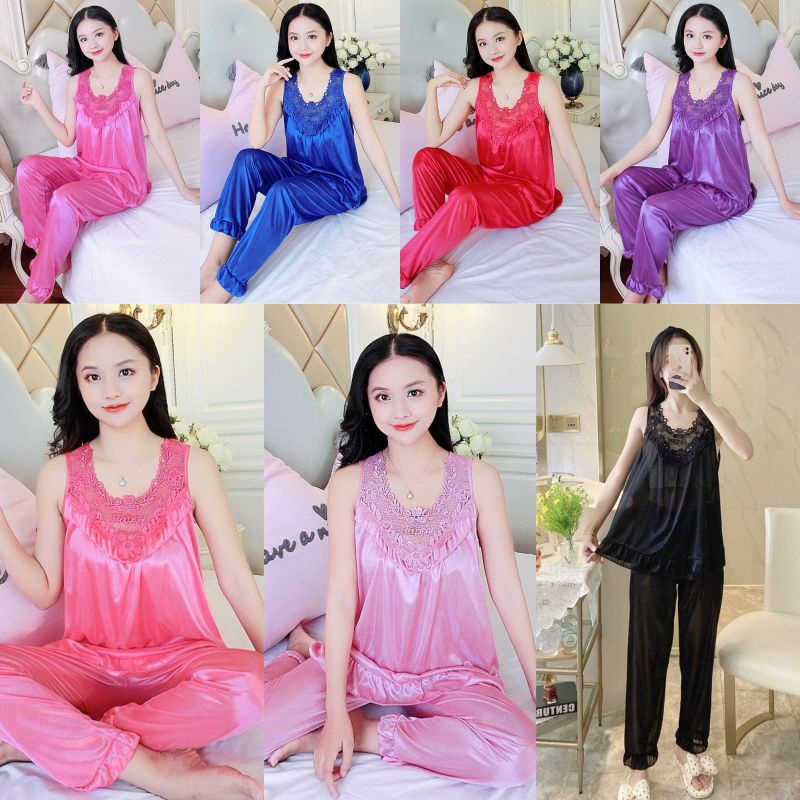 piyama satin import baju sexy lingerie satin baju tidur celana panjang/ piama cp polos