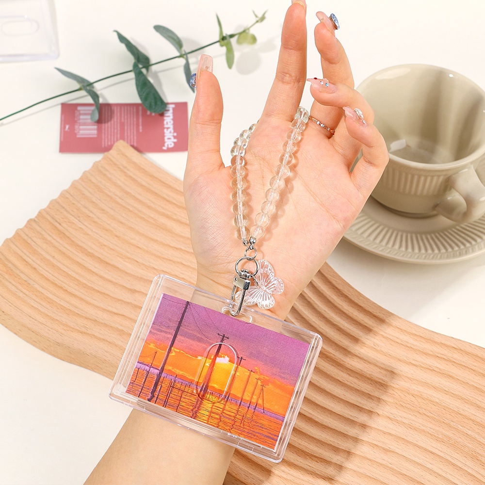 Transparan Penutup Kartu Bus Perlindungan Kristal Kupu-Kupu Manik Rantai Portabel Foto Lengan Ins Gaya Split Keyring Student Card Case Idol Photocard Card Holder DIY Insert Photoes