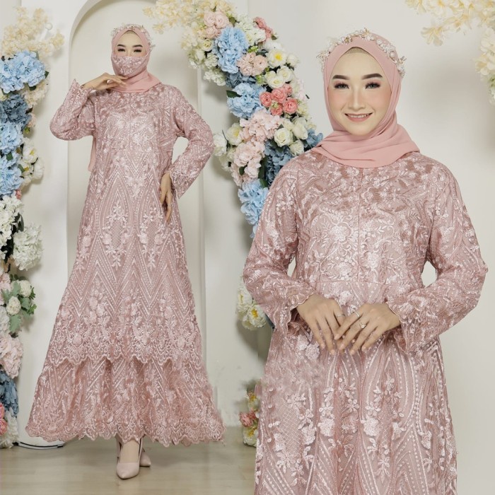 Promo COD Terlaris Gamis Brukat Malaysia Dress Pesta Modern Gamis Brokat Tile Terbaru - Rose Gold, X