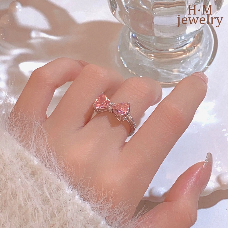 Fashion High Sense Pink Diamond Bow Ring Pink Loving Heart with Opening Ring Adjustable