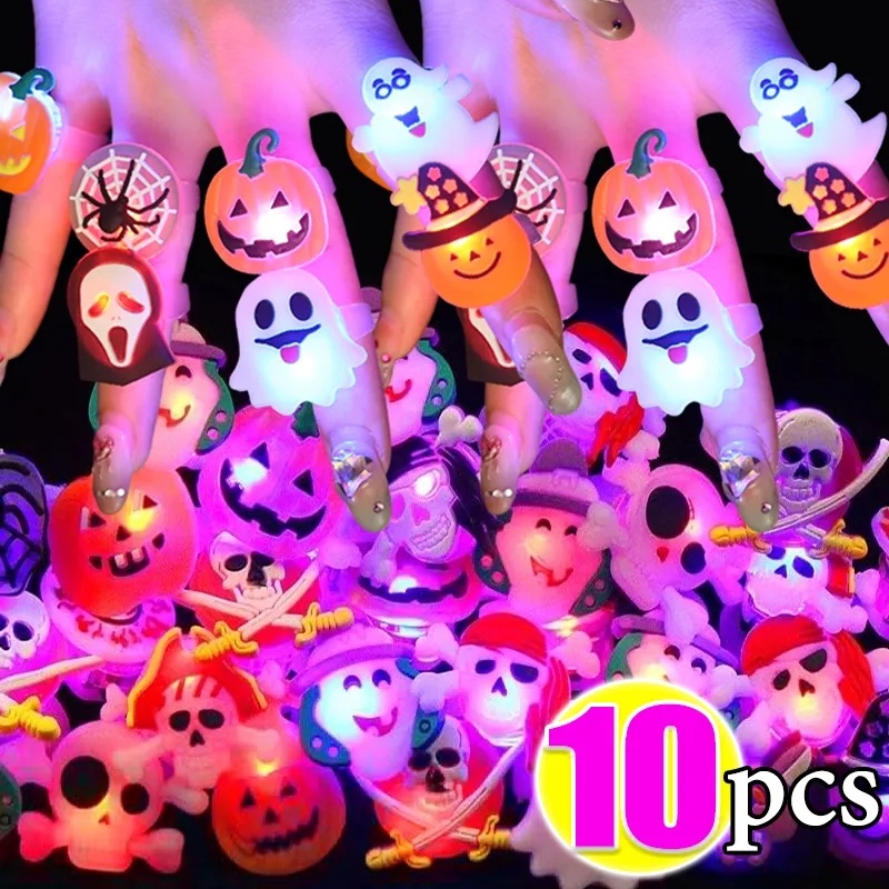 10pcs Halloween Lampu LED Cincin Set/Kreatif Bercahaya Labu Hantu Mata Jari Lampu/Pesta Halloween Mainan Anak Masa Kini/Teror Tengkorak Hantu LED Flash Ring