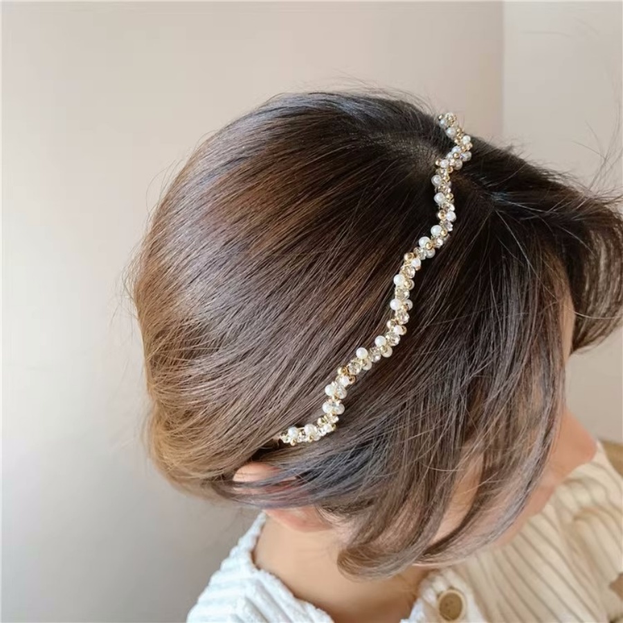 Korea Alloy Mutiara Berlian Imitasi Gelombang Bando Elegan Manik-Manik Kristal Tipis Rambut Band Woman Aksesoris Rambut