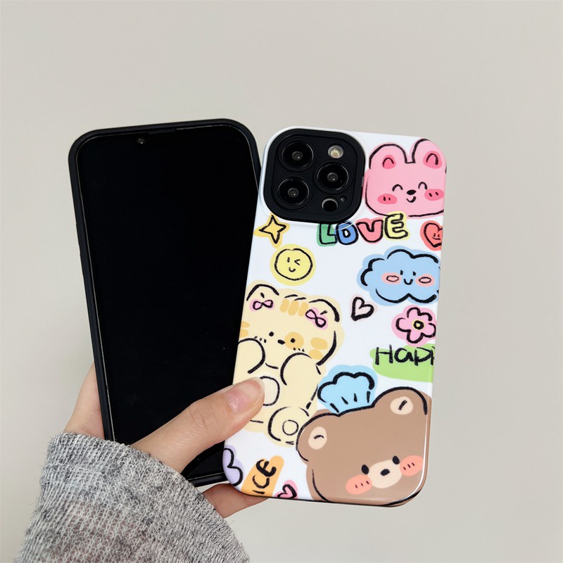 Happy Cartoon Bear Hard Plastic Case HP iP iPhone 12 13 14 Pro Max 11 FTD Casing Apple