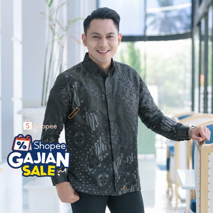 Kemeja Batik Bagus Pria Lengan Panjang Dobby Lasem Batik Abu Hitam - Abu hitam, S