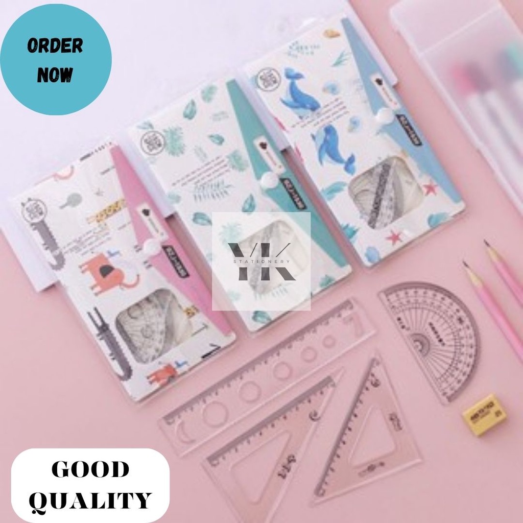 

YK Stationery Set Penggaris Plastik 4 In 1 Untuk Anak Sekolah dengan Pouch Gratis